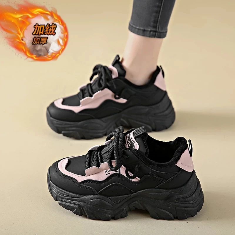 女生秋新款高帮加绒休闲板鞋老爹鞋C6007