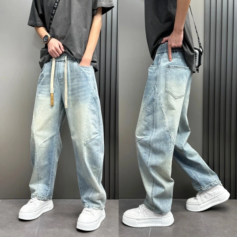 春季新款直筒阔腿牛仔裤弯刀宽松版型潮流百搭水洗痞帅男士休闲裤