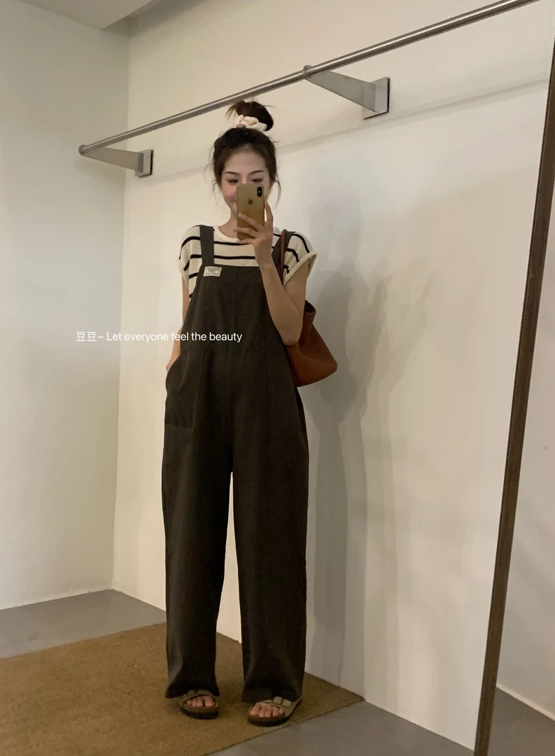 2025春季新款韩系简约百搭背带连体裤女宽松显瘦休闲长裤