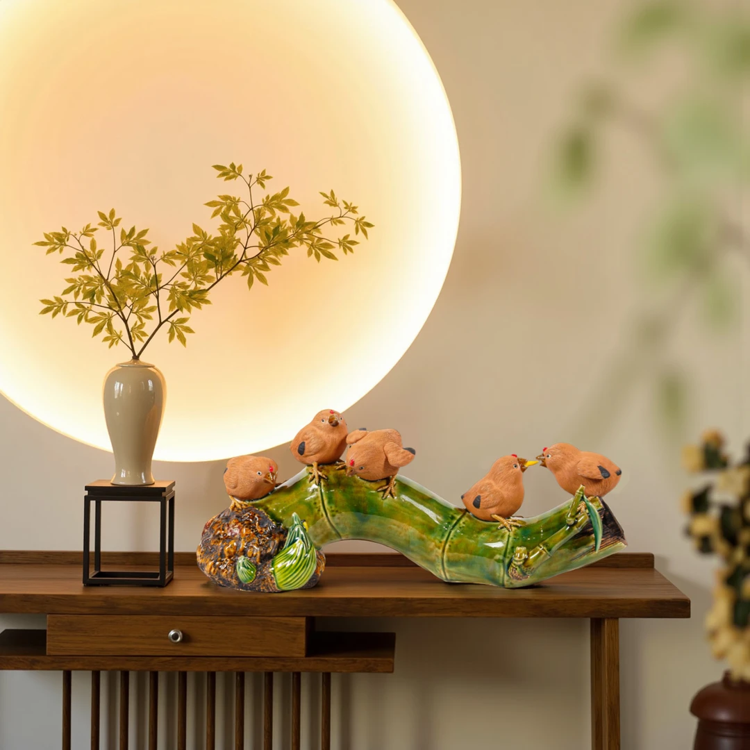 【本尼家】AM03非遗手作石湾陶摆件竹子小鸡陶瓷装饰品桌面玄关摆件