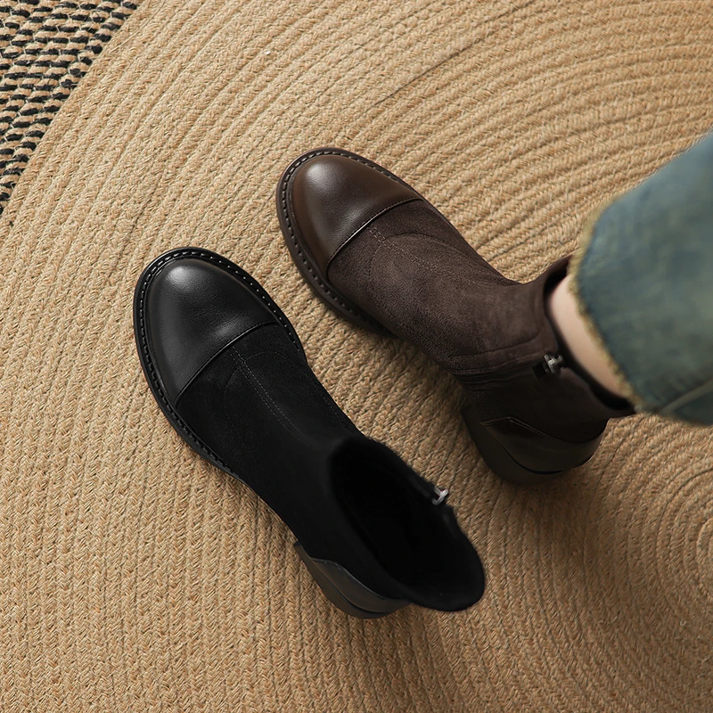 2025年新款真皮女鞋高跟短靴弹力靴接拼粗跟瘦瘦靴大码女鞋41-43