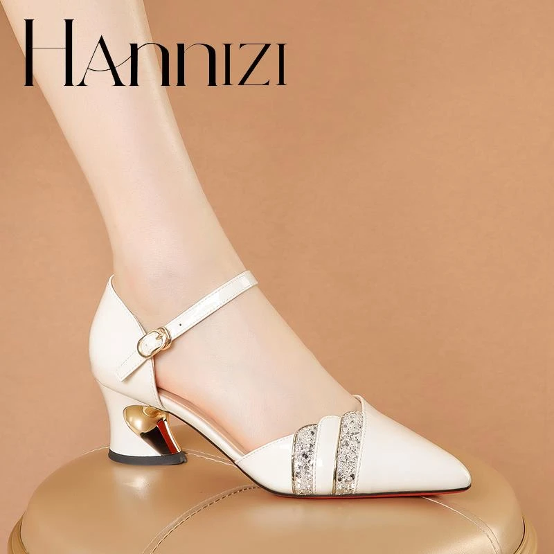 hannizi包头凉鞋女夏季中跟女士中空单鞋女软皮百搭休闲大码女鞋