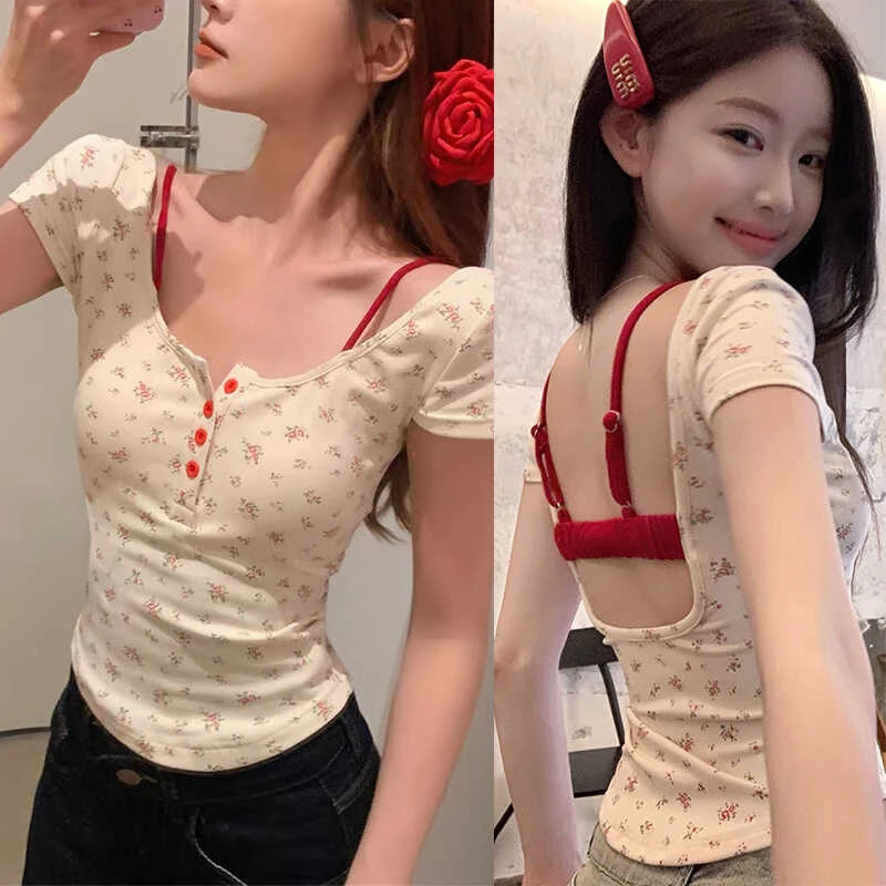 甜辣妹性感修身上衣带胸垫假两件碎花短袖短款印花T恤女纯欲夏装