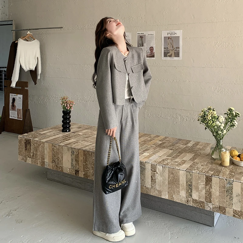 高级感气质时尚亮片套装女春季2025新款韩系简约高腰阔腿裤两件套