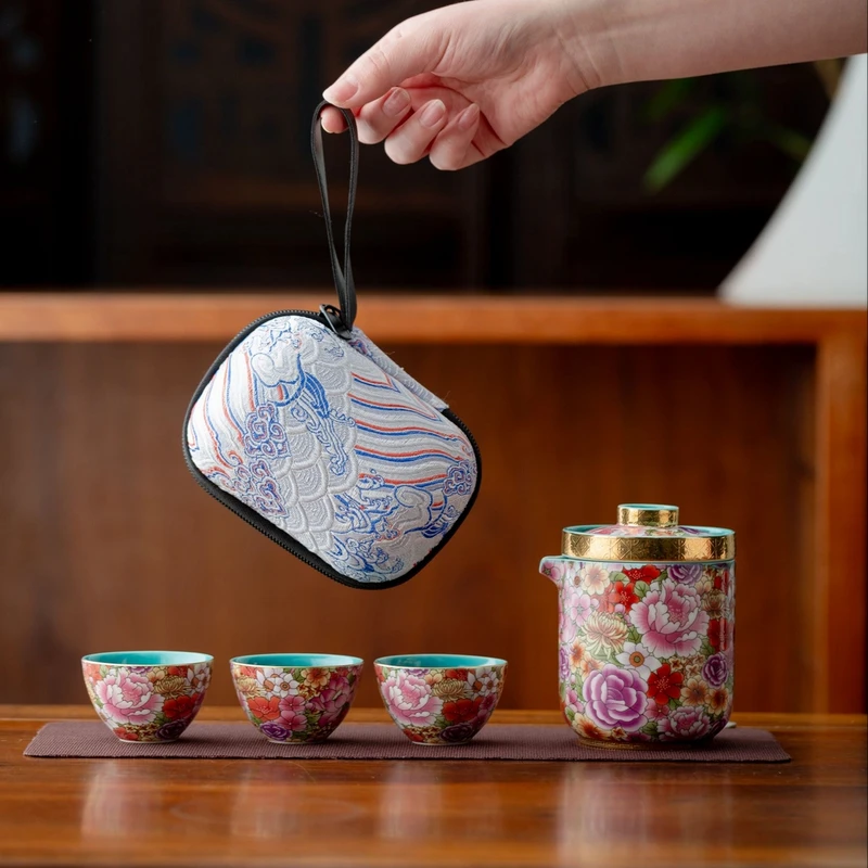 珐琅彩户外旅行高档茶具套装2025新款露营便携式泡茶器一壶三杯