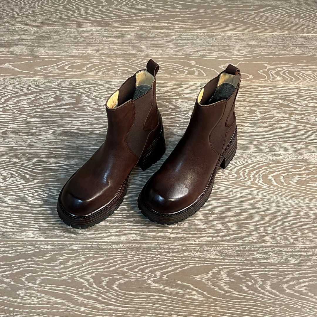 6CM头层牛皮切尔西靴黑色英伦风厚底弹力瘦瘦靴中筒英伦风女靴