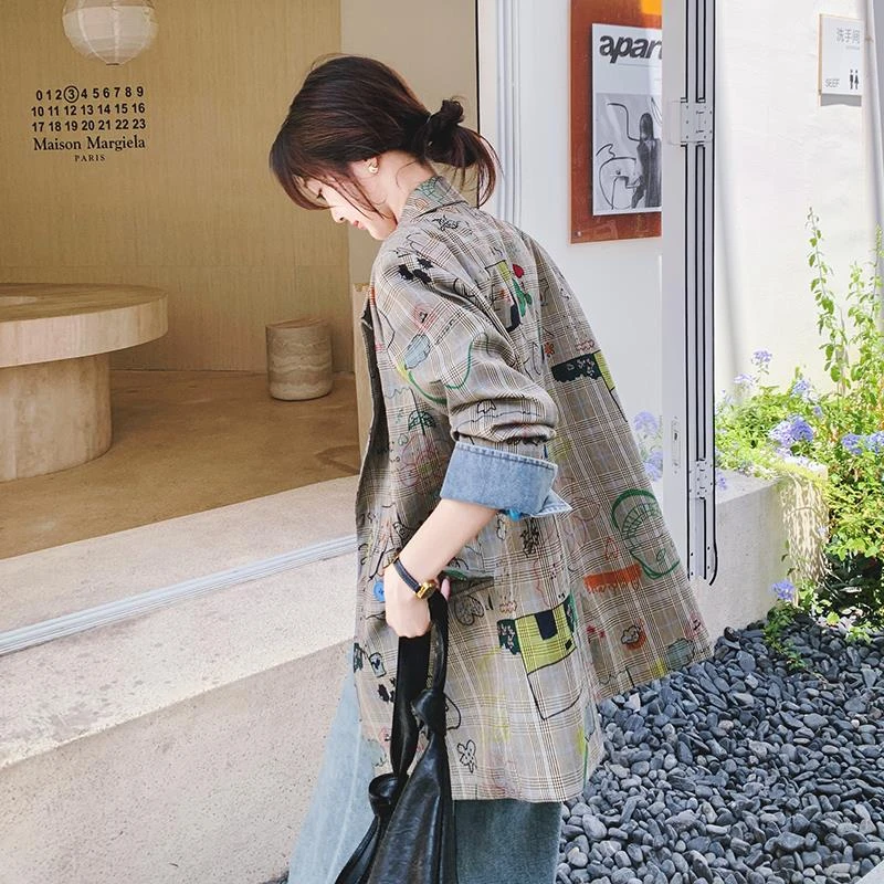 灰色格子西装外套女2025春秋新款设计感休闲宽松涂鸦印花西服上衣