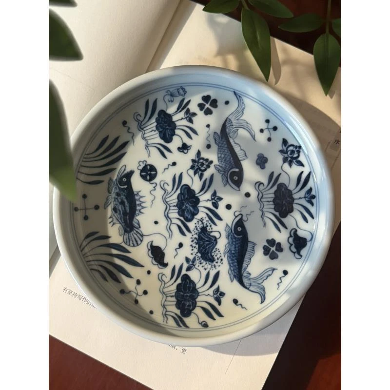 A437【景墨春风柴窑】景德镇手工·手绘青花鱼藻壶承 直径17cm