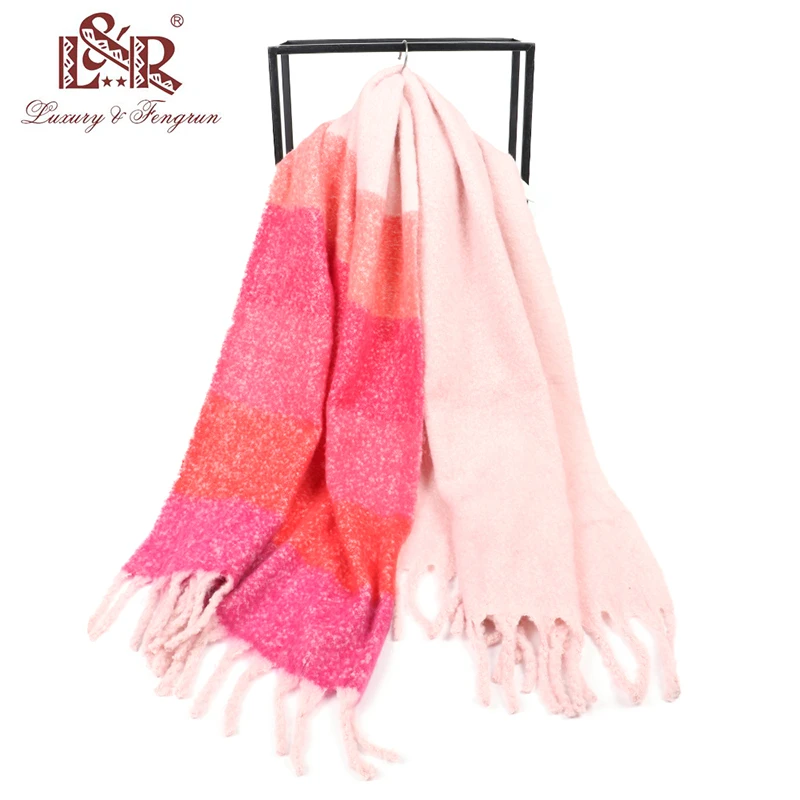 欧美风秋冬厚款涤纶圈圈纱马海毛粉红色格子百搭围巾披肩FRP0516