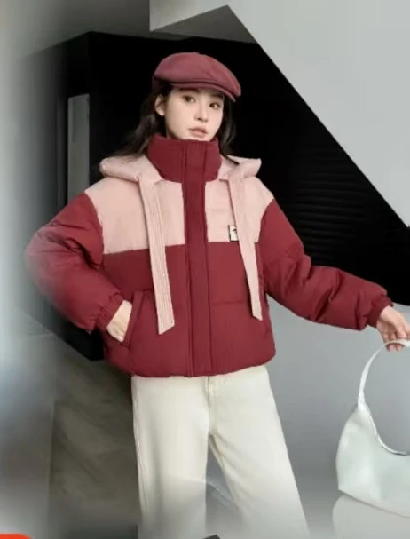 0067衣长48超好看撞色冬季2025新款设计感小众小个子短款连帽外套