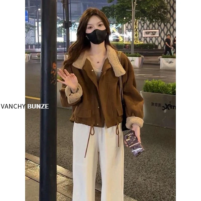 BUNZE短款加绒加厚麂皮绒外套女冬装新款2025年韩版小个子宽松休