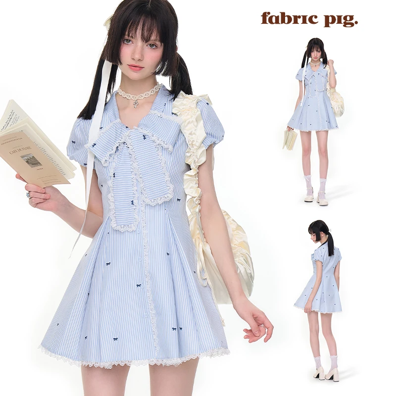 蝴蝶蓝调 织物猪原创 甜美风花边泡泡袖连衣裙女夏蝴蝶结减龄短裙