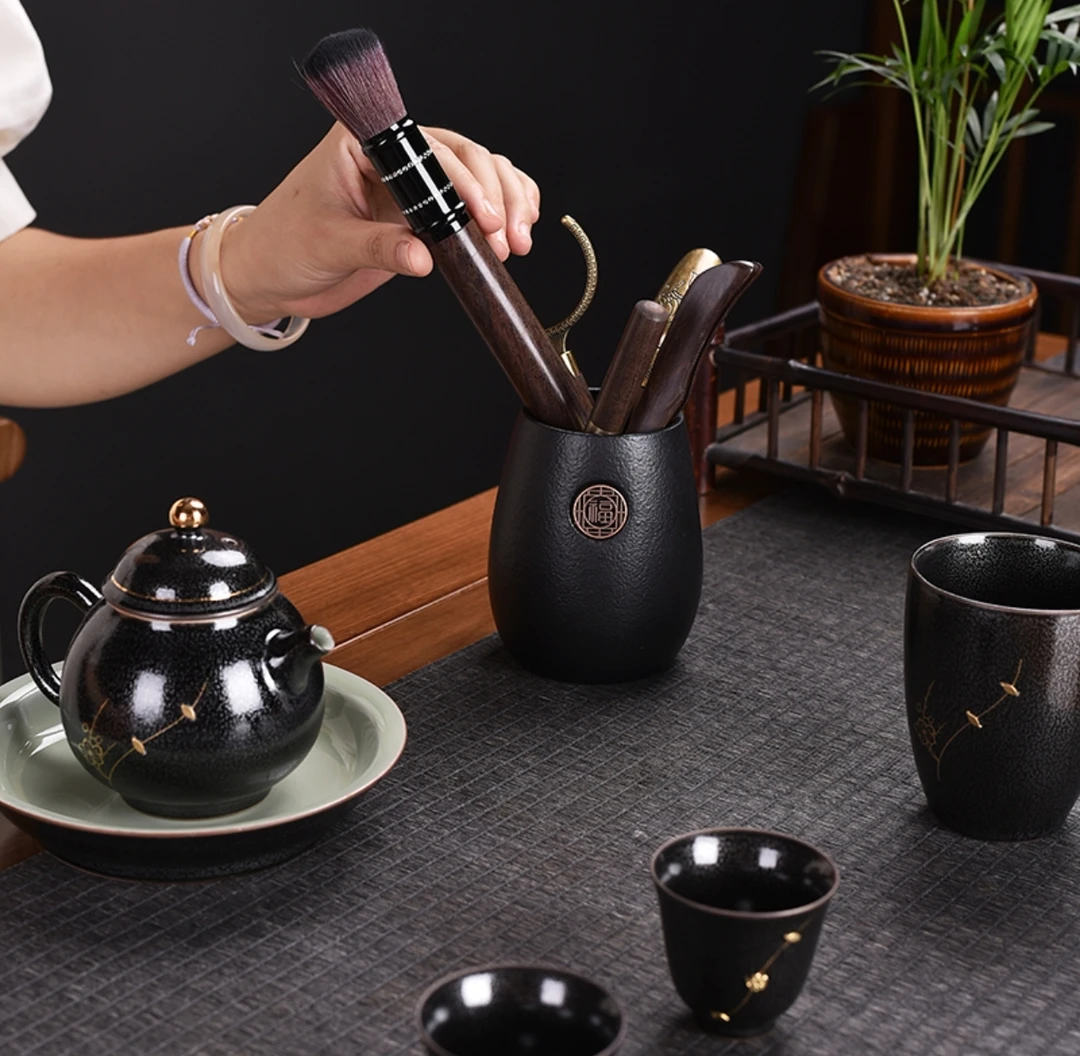 黑陶筒轻奢茶道鎏金中式刷子家用茶刀陶瓷高档六君功夫茶具配件