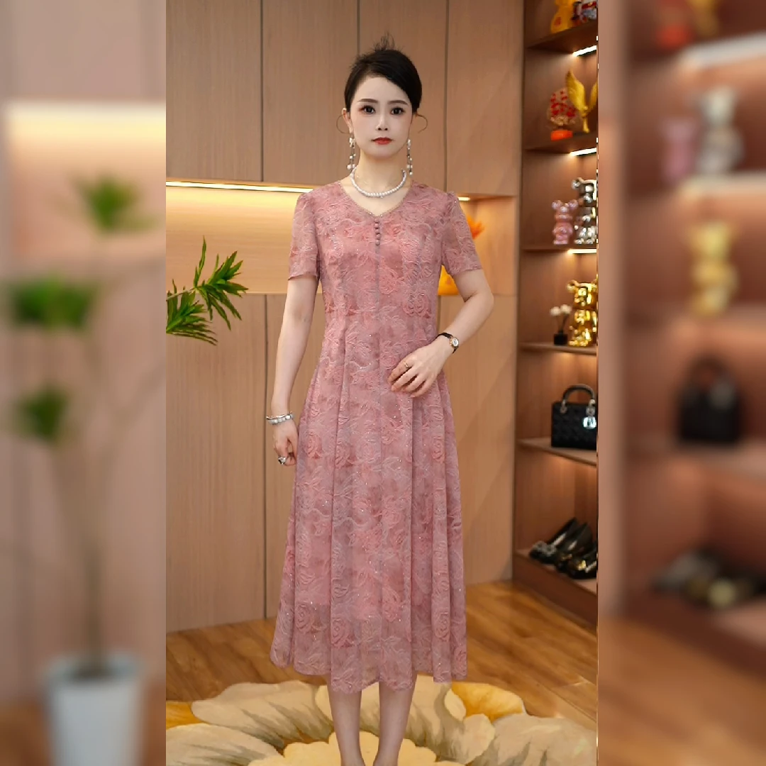 2025夏季新款短袖时尚妈妈装时尚洋气显瘦连衣裙优雅修身气质