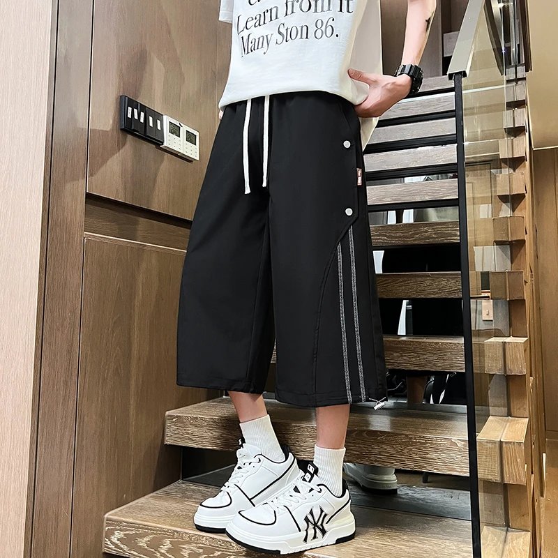 夏季新款冰丝男士休闲七分裤青少年百搭学院风宽松直筒学生条纹裤