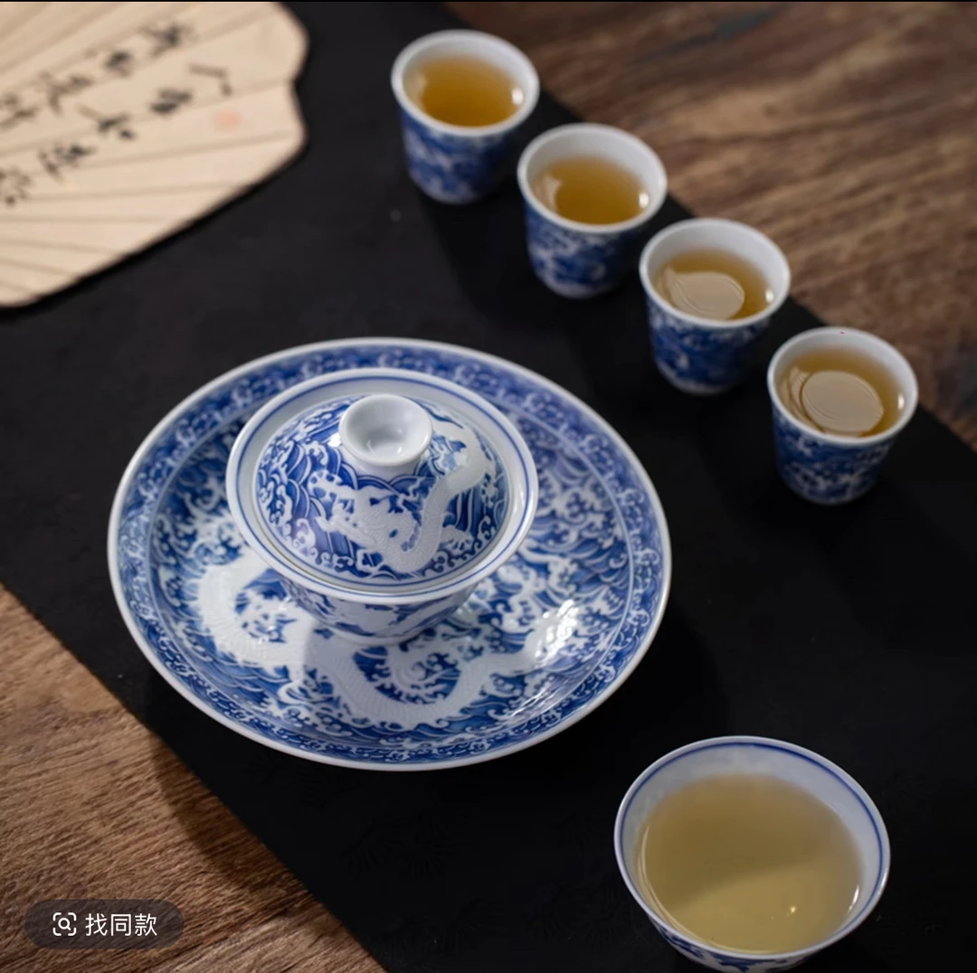 景德镇明青花暗刻海水龙高奢功夫茶具中式送礼佳品