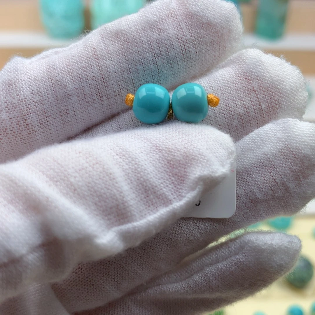 绿松石未镶嵌珠宝奇石高瓷蓝老型对珠7.6mm