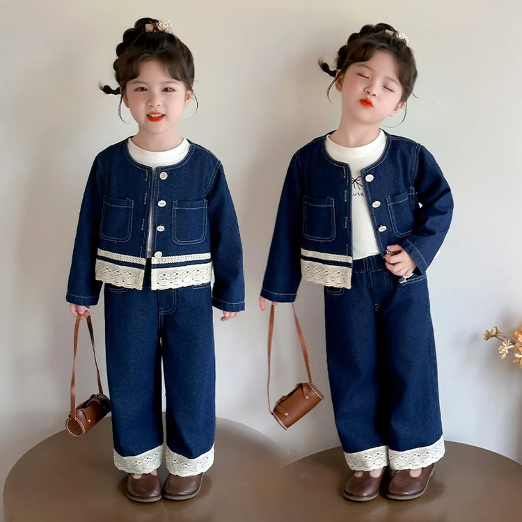 女童套装2025新款春秋长袖牛仔外套蕾丝花边牛仔裤两件套休闲可爱