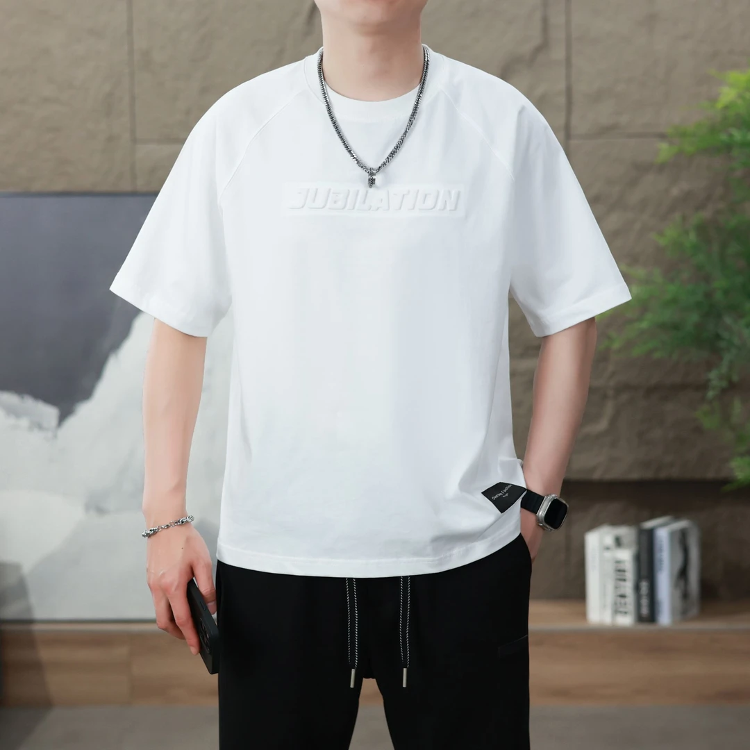 夏季新款日常圆领短袖T恤纯棉上衣休闲潮流港风简约男士半袖宽松