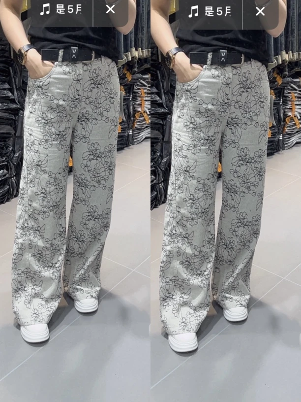 流行花花国风图阔腿长裤7949