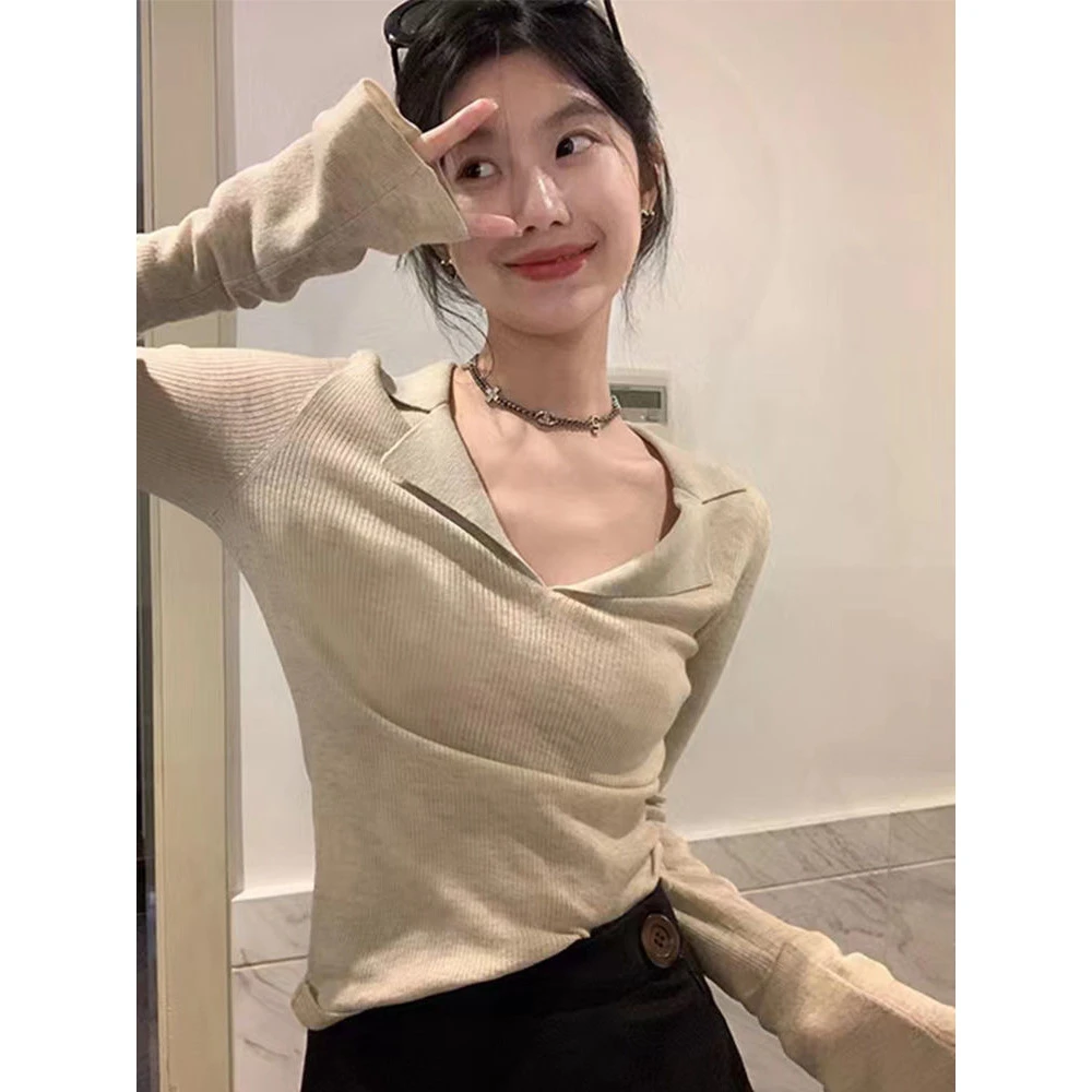 春秋设计感喇叭袖POLO领针织衫女新款套头长袖百搭打底衫修身显瘦