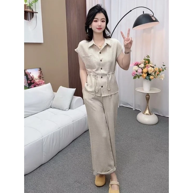 时尚翻领衬衫T恤套装2025夏季新款纯色简约气质显瘦直筒裤两件套