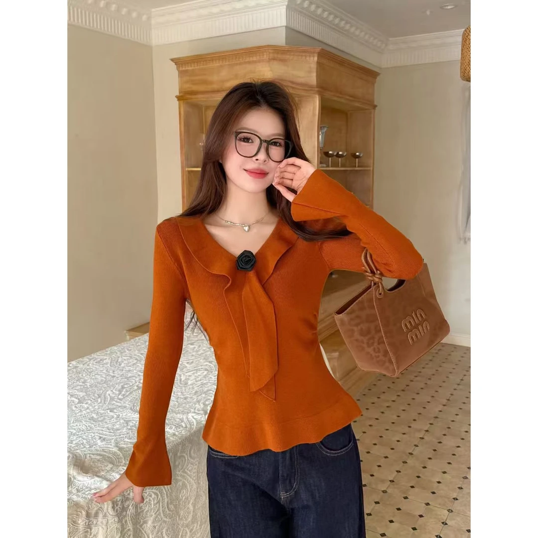 韩系法式荷叶边V领针织衫女秋季大码微胖mm内搭打底衫不规则上衣