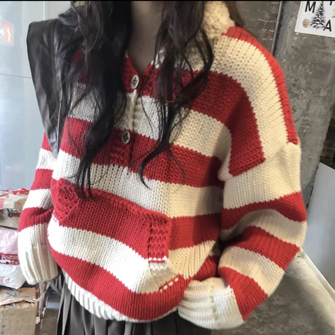 韩系羊毛红色条纹翻领加厚针织毛衣女韩版宽松慵懒风撞色上衣外穿