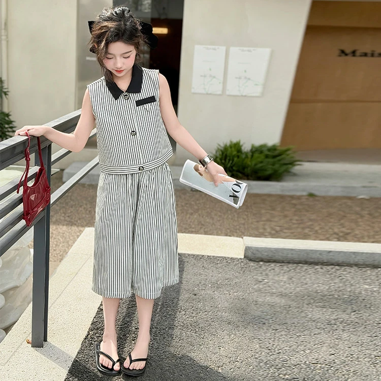 女童气质条纹夏季韩版儿童时尚女孩无袖套装2025中大童5-12岁15岁