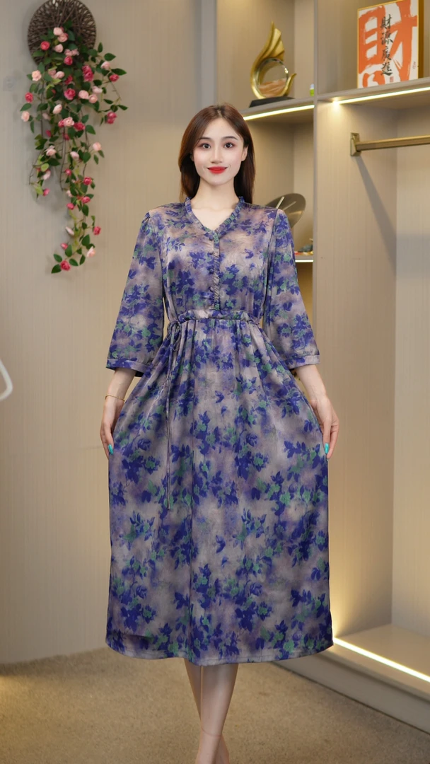 妈妈装连衣裙新款气质洋气女装【蓝似蝶】S