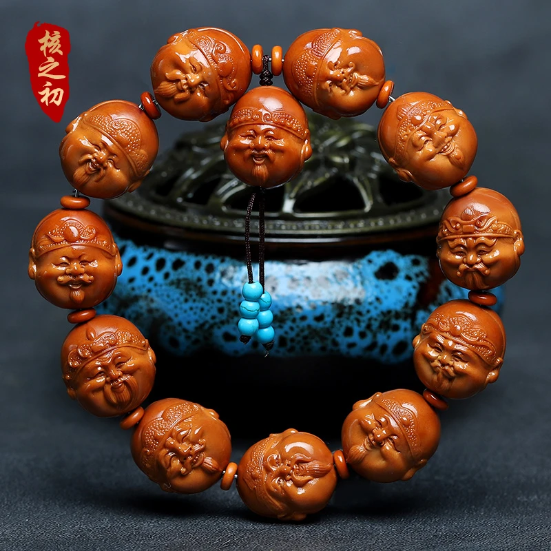橄榄核雕刻大籽手工财神头手串短圆人生百态财神手串文玩男女把件