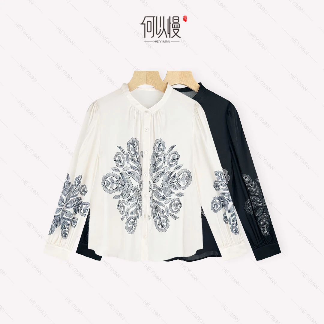【何以慢】桑蚕丝混纺秋季时尚复古印花宽松气质真丝衬衫A1-A5384