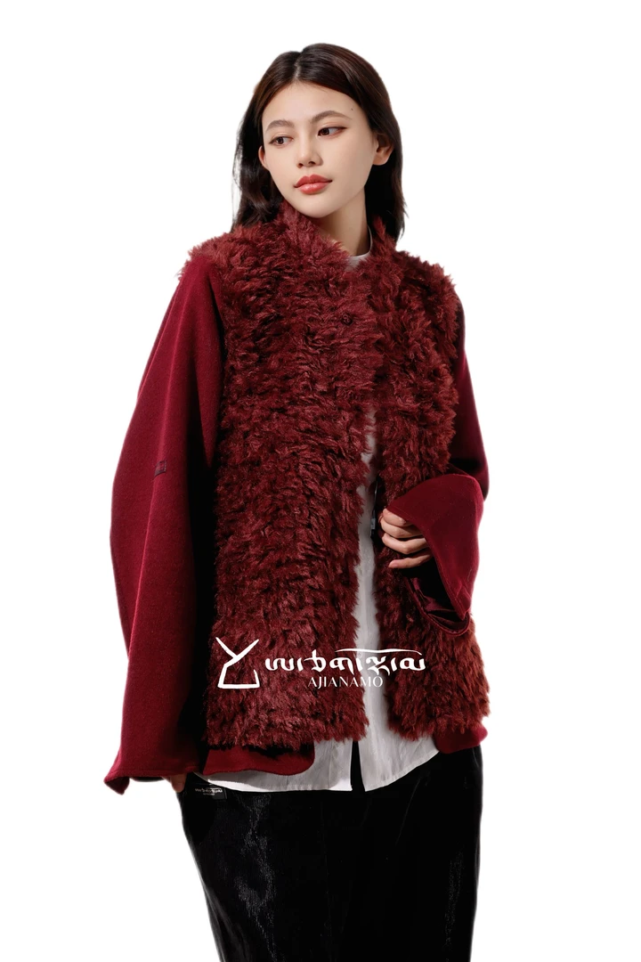 AJ-NAMO原创设计款安可拉红对襟毛毛外套