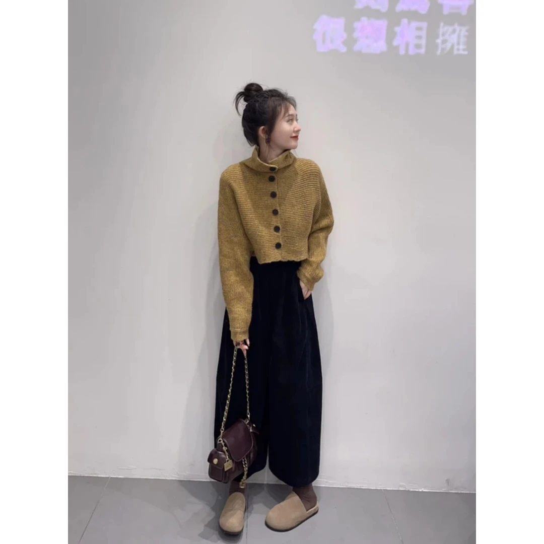 2025秋季新款韩系复古气质慵懒风长袖宽松针织毛衣开衫女阔腿裤子