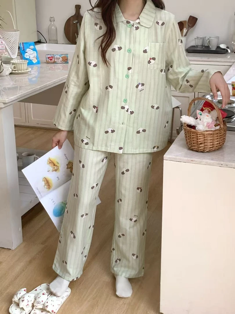 【MJ】全棉有氧双层纱碎花长袖睡衣套装女家居服