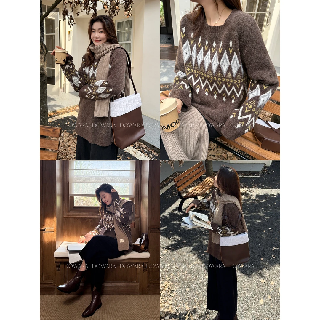 现货大婉酱微胖定制【费尔岛毛衣】慵懒感加厚毛织百搭上衣女 0382D