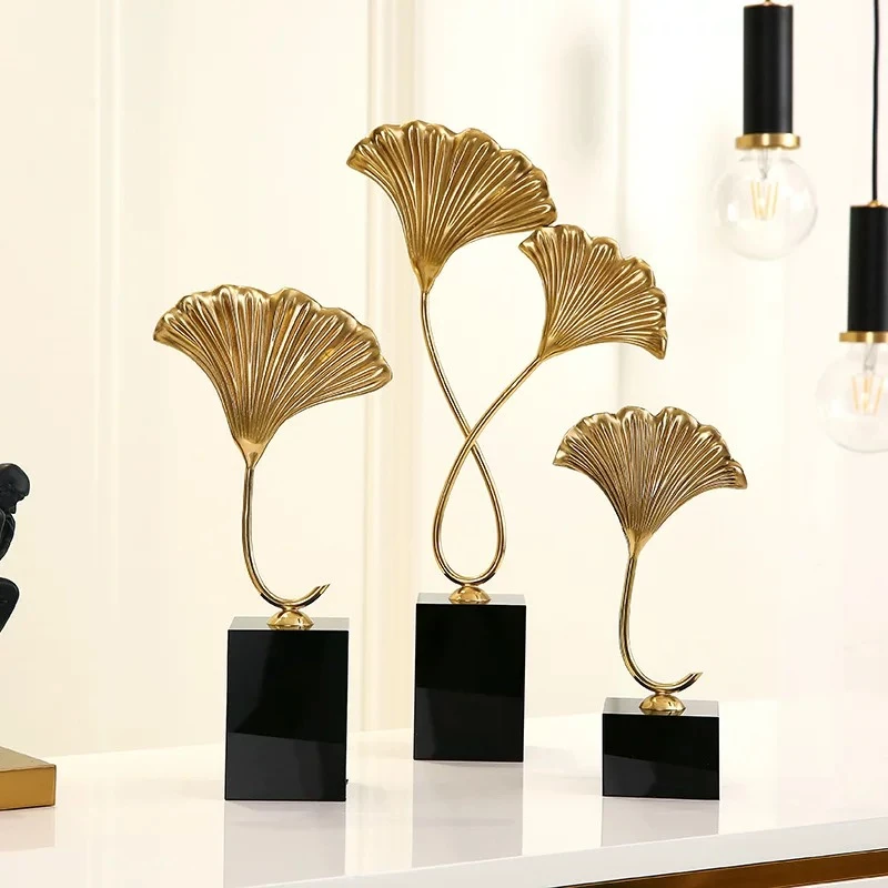 酒柜摆件全铜工艺品摆件高级感银杏叶摆件轻奢高档简约书房电视柜