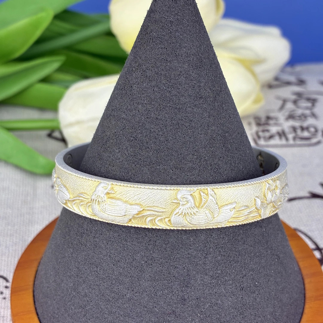 足银手镯 【鸳鸯戏水】金刚砂足银9999开口手镯实心重工艺传承手镯