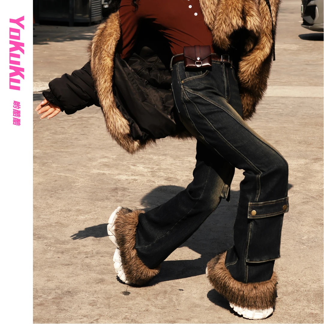 （冰岛极夜）美式复古怀旧脚口毛毛拼接风琴袋牛仔喇叭牛仔裤138