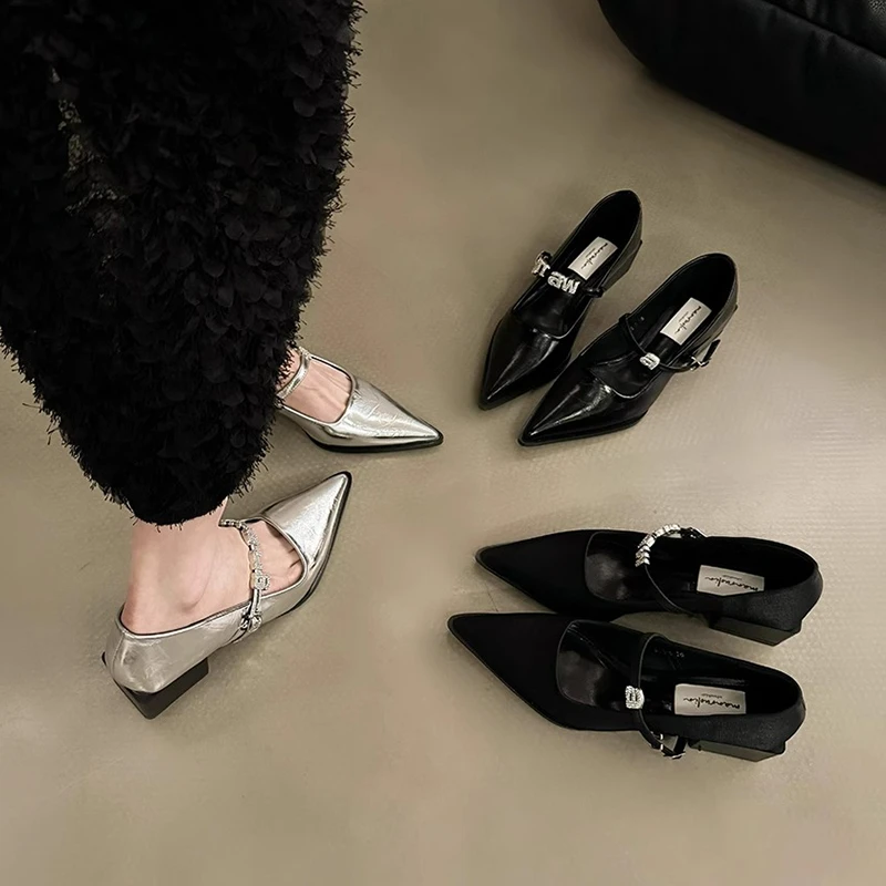 法式粗跟玛丽珍高跟鞋子女2025年新款爆款尖头瘦脚小鞋银色单鞋
