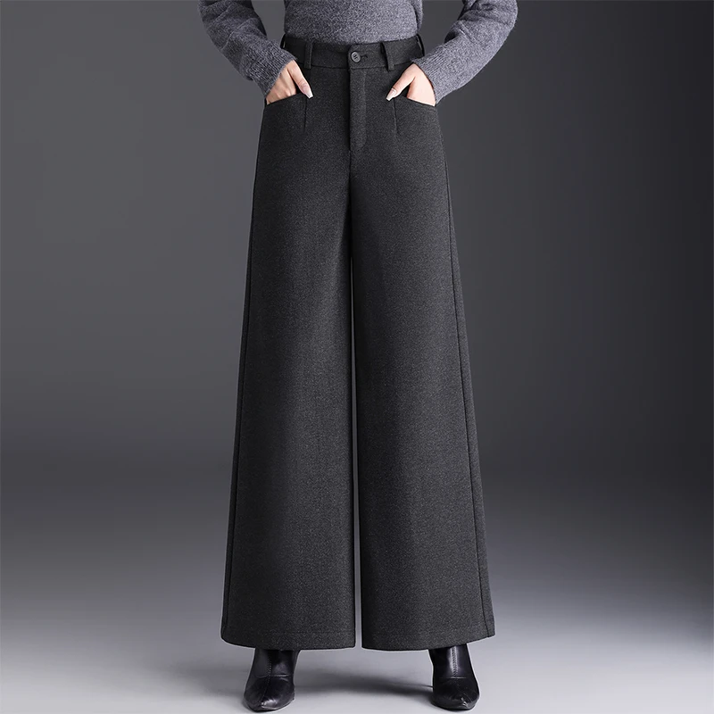 加厚毛呢高腰宽松阔腿裤女秋冬通勤百搭小个子垂感休闲西装直筒裤