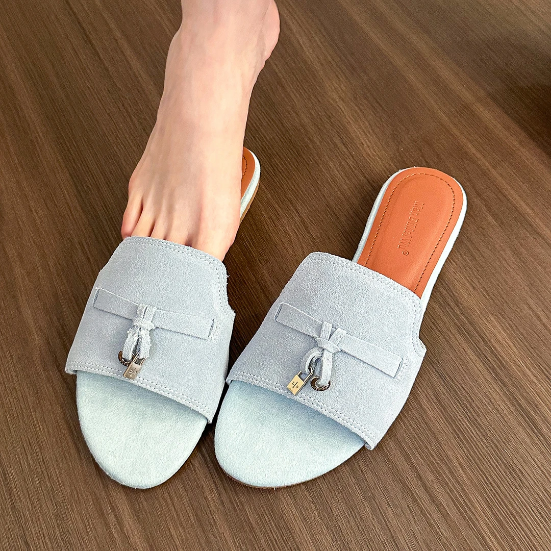 夏天强推！微风蓝平底凉拖女夏季外穿复古强推平底鞋一脚蹬通勤鞋