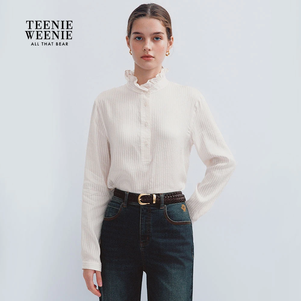 TeenieWeenie小熊女装衬衫2025冬新款荷叶边立领衬衣TTBA254VW2B