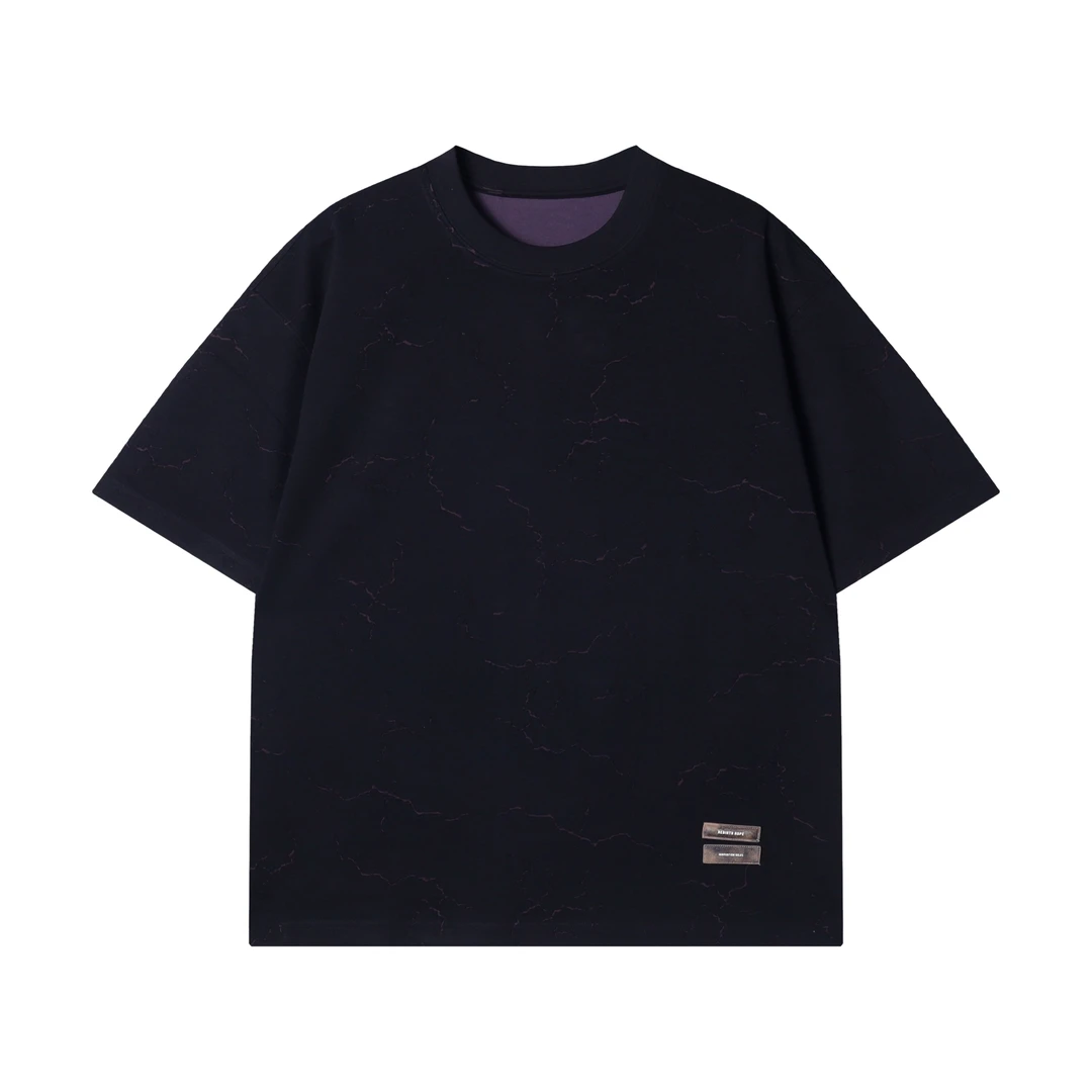 夏季新款高级感美式撞色裂纹圆领短袖T恤小众设计简约百搭上衣