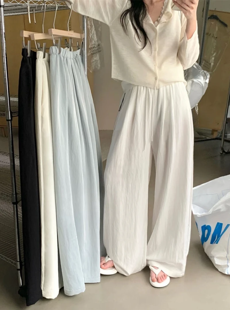 奶皮裤夏日遛弯裤韩系简约松紧腰抽绳阔腿裤女士夏休闲直筒长裤