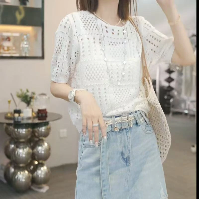 圆领镂空女毛针织衫金丝针织短袖百搭欧若精灵风上衣薄款白色时尚