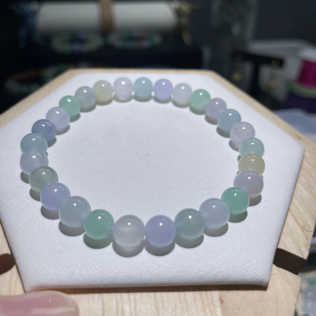 缅料翡翠A货卡6+冰种多宝马卡龙圆珠彩色糖果色手串27颗