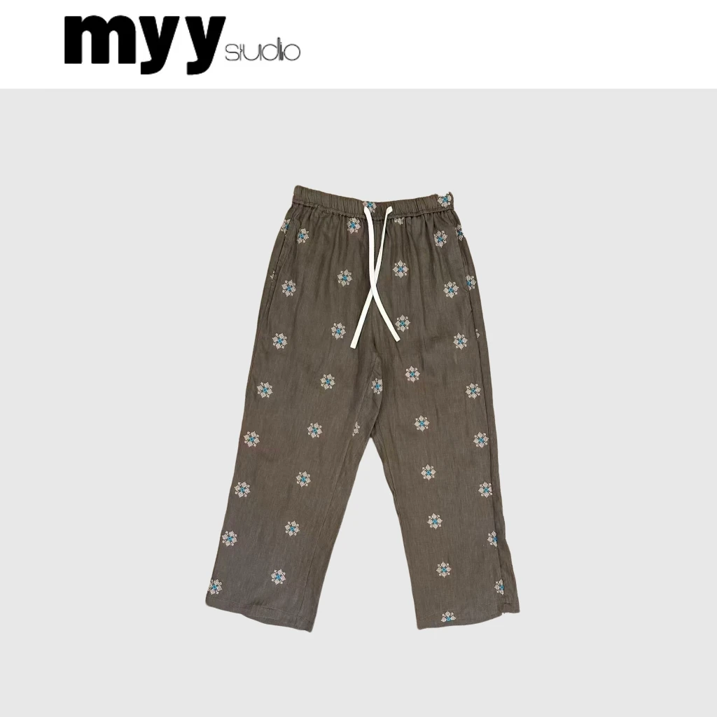 雨小琪 玫瑰咖啡 夏季亚麻刺绣百搭老钱风极简设计感九分裤休闲