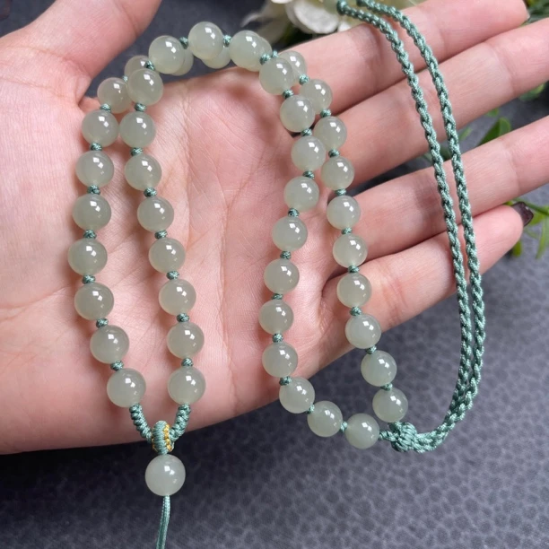 和田玉冰晴圆珠7.8mm项链绳手工编织时尚男女款长链可调节70厘米