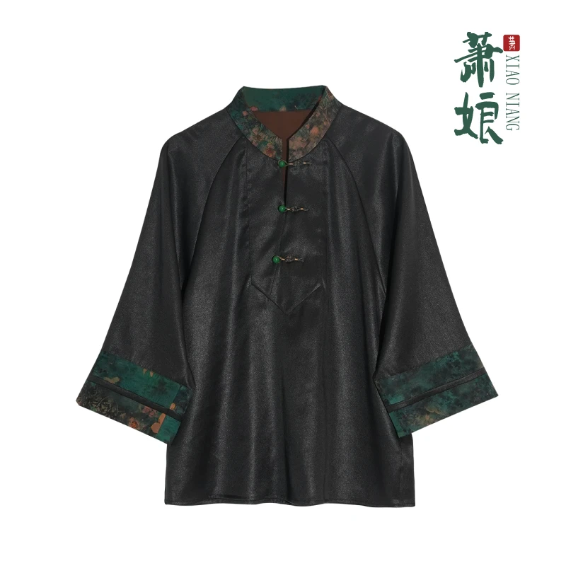 萧娘【缦语】弹力缎上衣新中式立领宽松国风女上衣5012